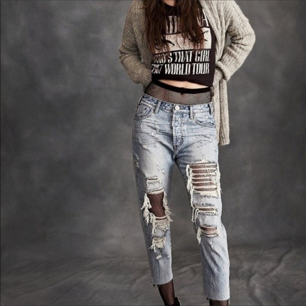 ONE TEASPOON Hooligans Relaxed Grunge Low Waist Distressed Cropped Jeans 25 NWOT